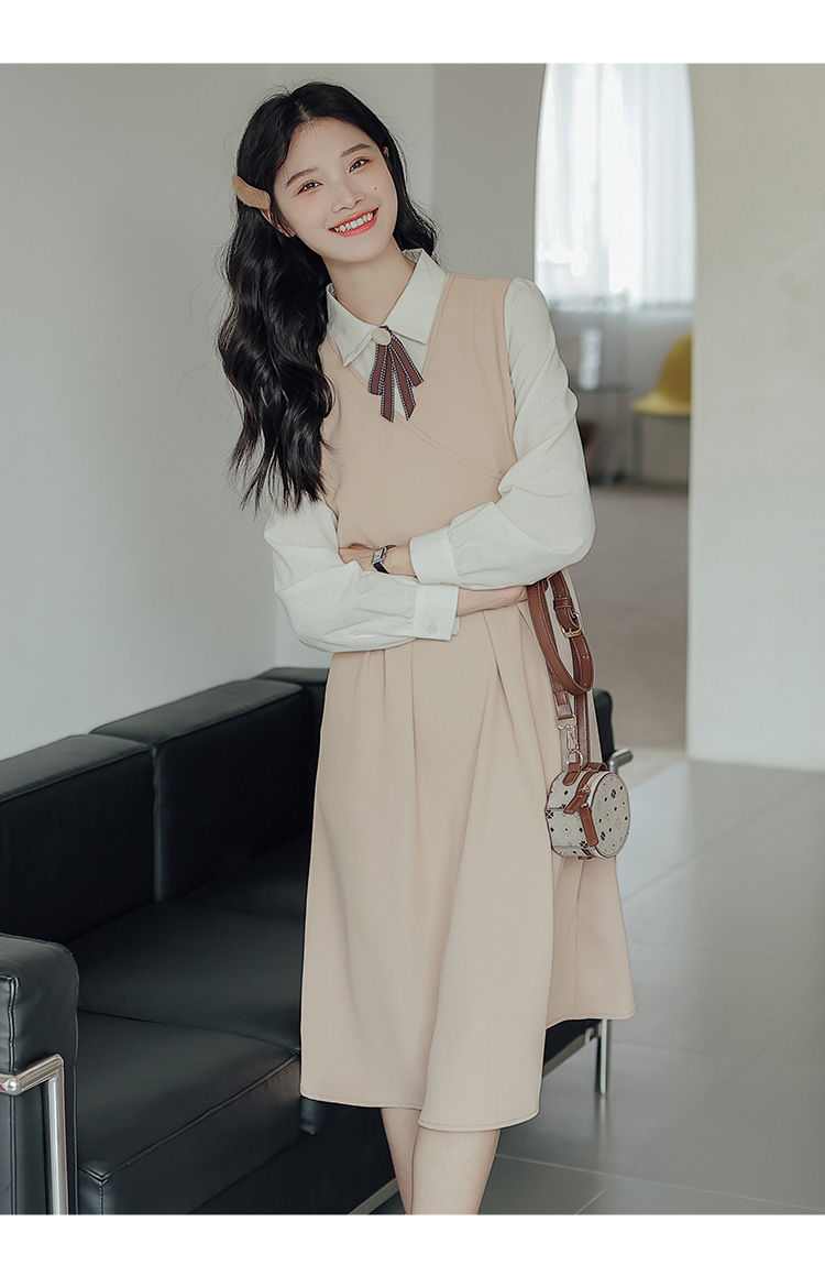 大人かわいい服 襟付きブラウス重ね着風ベルト付きワンピース