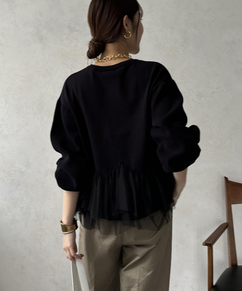 大人かわいい服 裾チュールフリル切替ニットプルオーバー