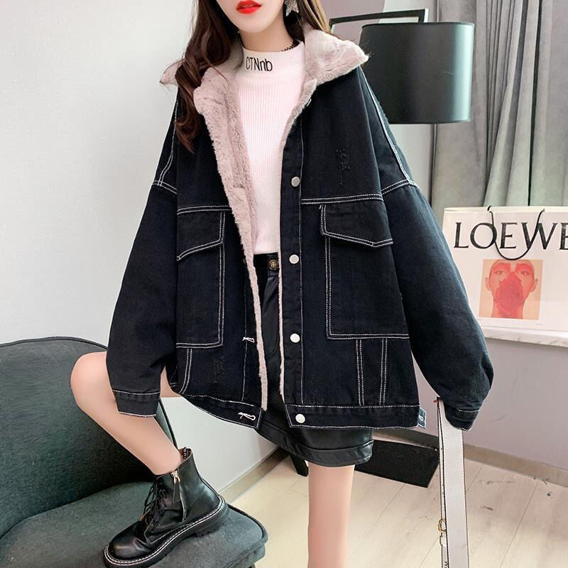 大人かわいい服 配色ステッチボア襟付きデニムジャケット