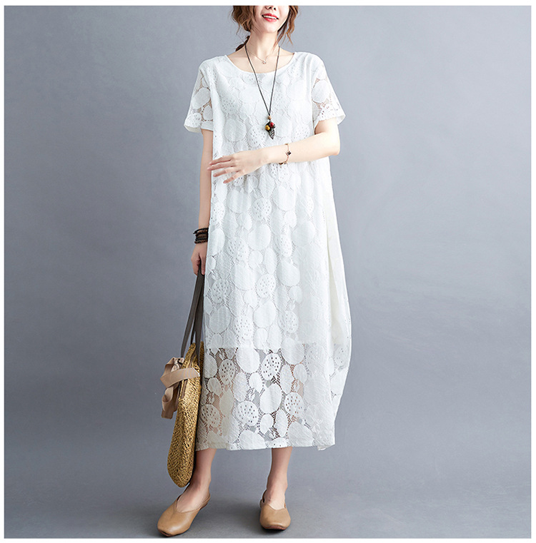大人かわいい服 花模様レース透かしゆったりワンピース