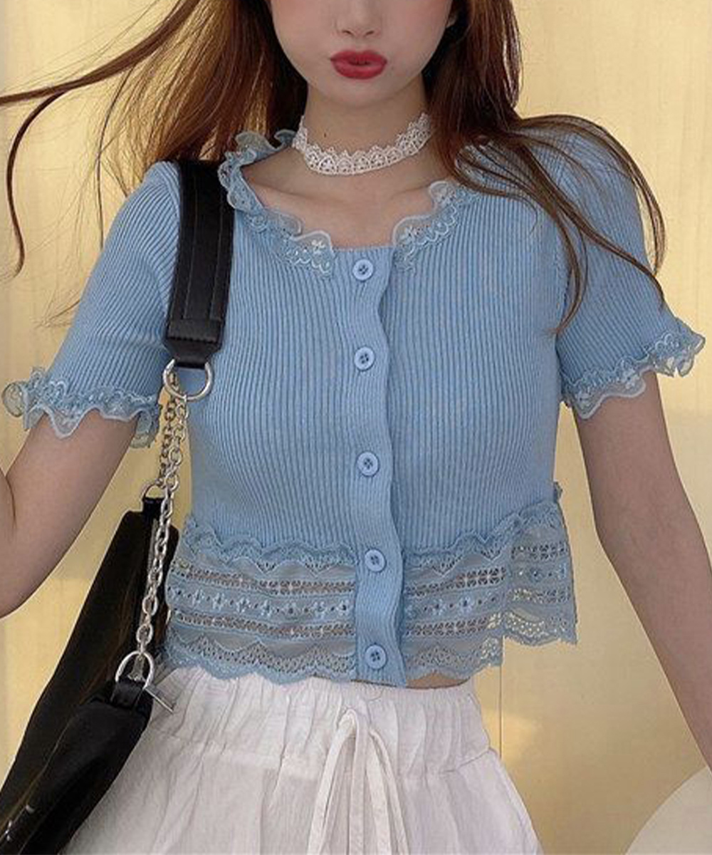 大人かわいい服 レース付きフリルショートカーディガン トップス
