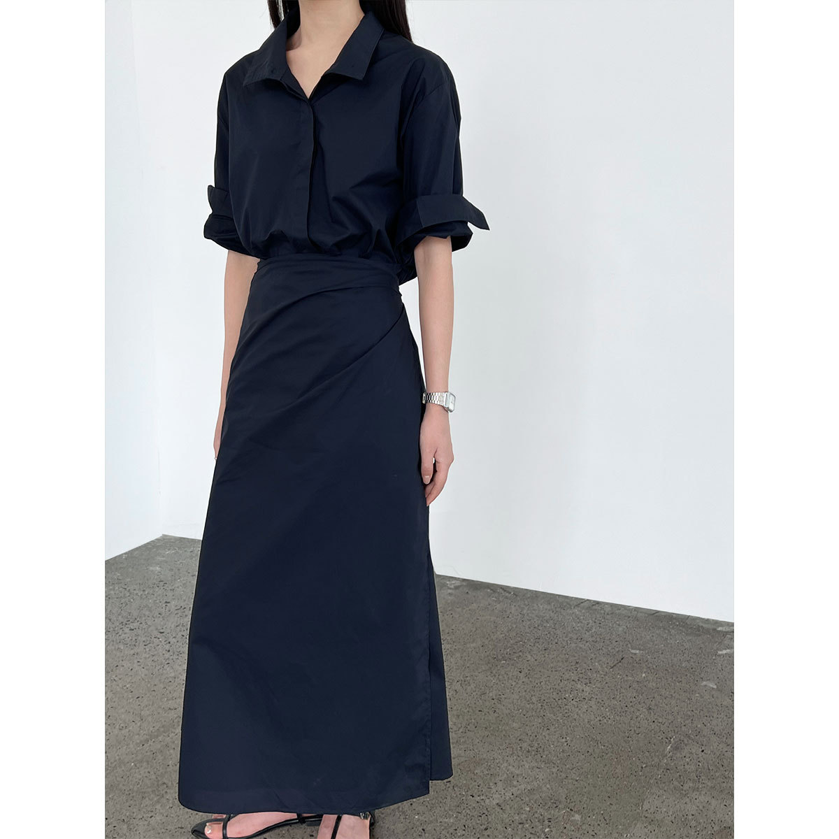 大人かわいい服 シャツ風ラップロングワンピース