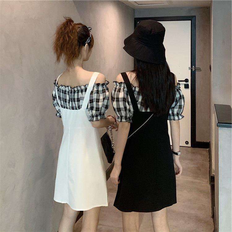 大人かわいい服 チェック柄フリルオフショルダーワンピース