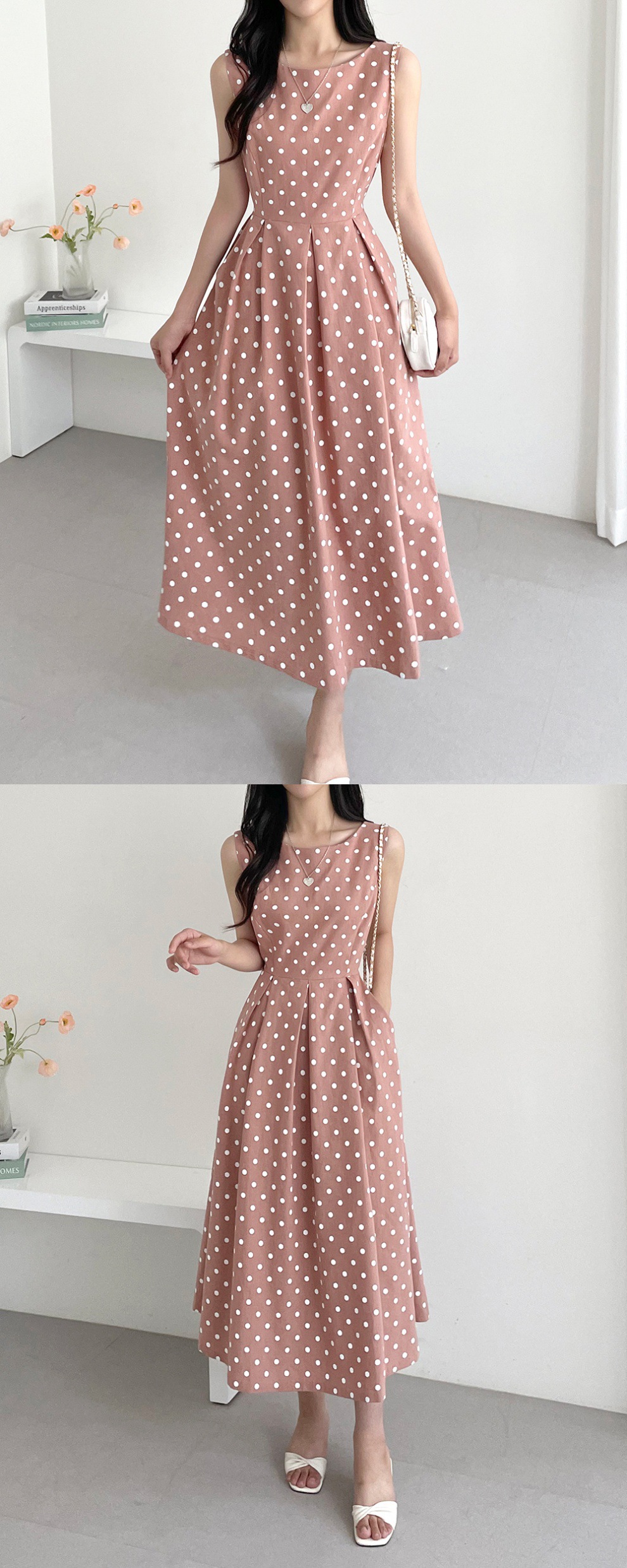 大人かわいい服 ドット柄ノースリーブフレアワンピース