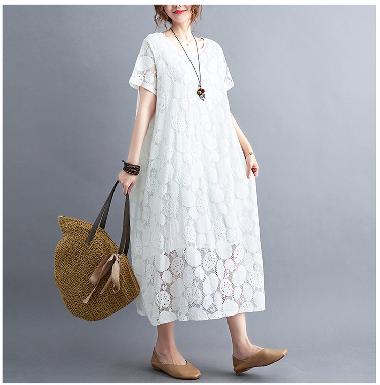大人かわいい服 花模様レース透かしゆったりワンピース