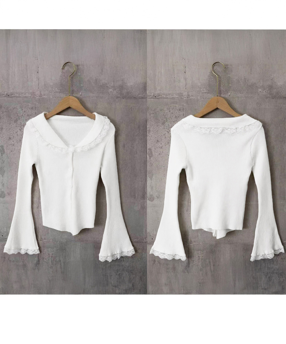 大人かわいい服 レース襟付き前開きリブニットカーディガン