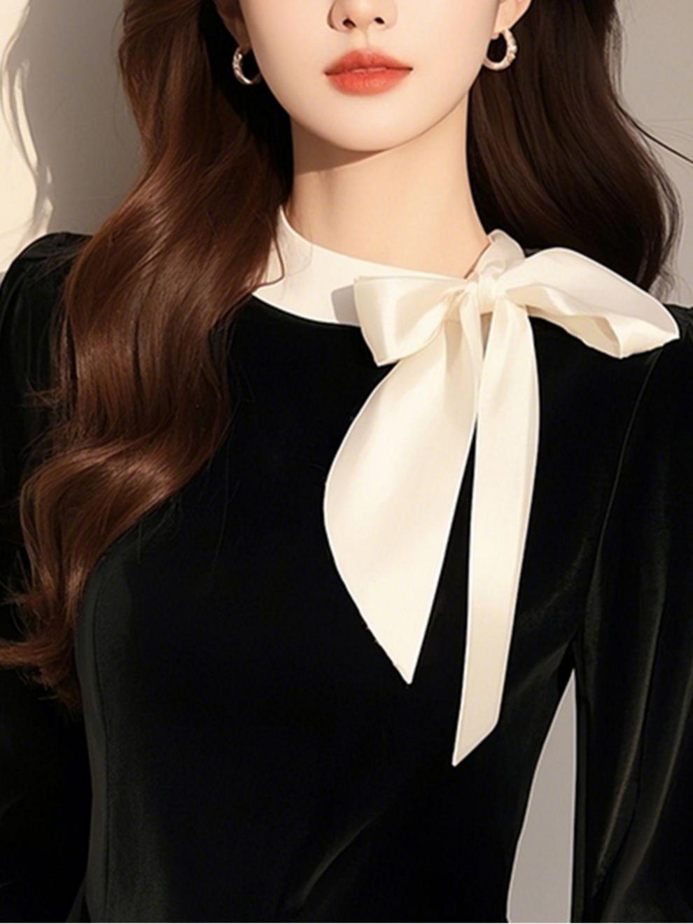 大人かわいい服 ベロアリボン襟付き長袖ブラウス