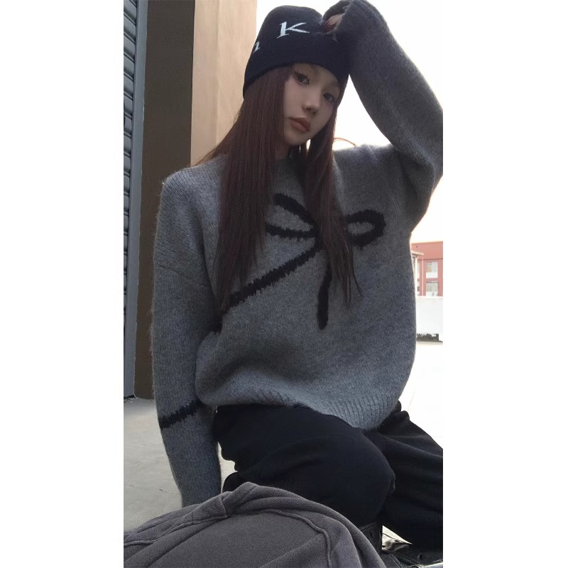 大人かわいい服 リボンデザインモヘア混ゆったりニットセーター