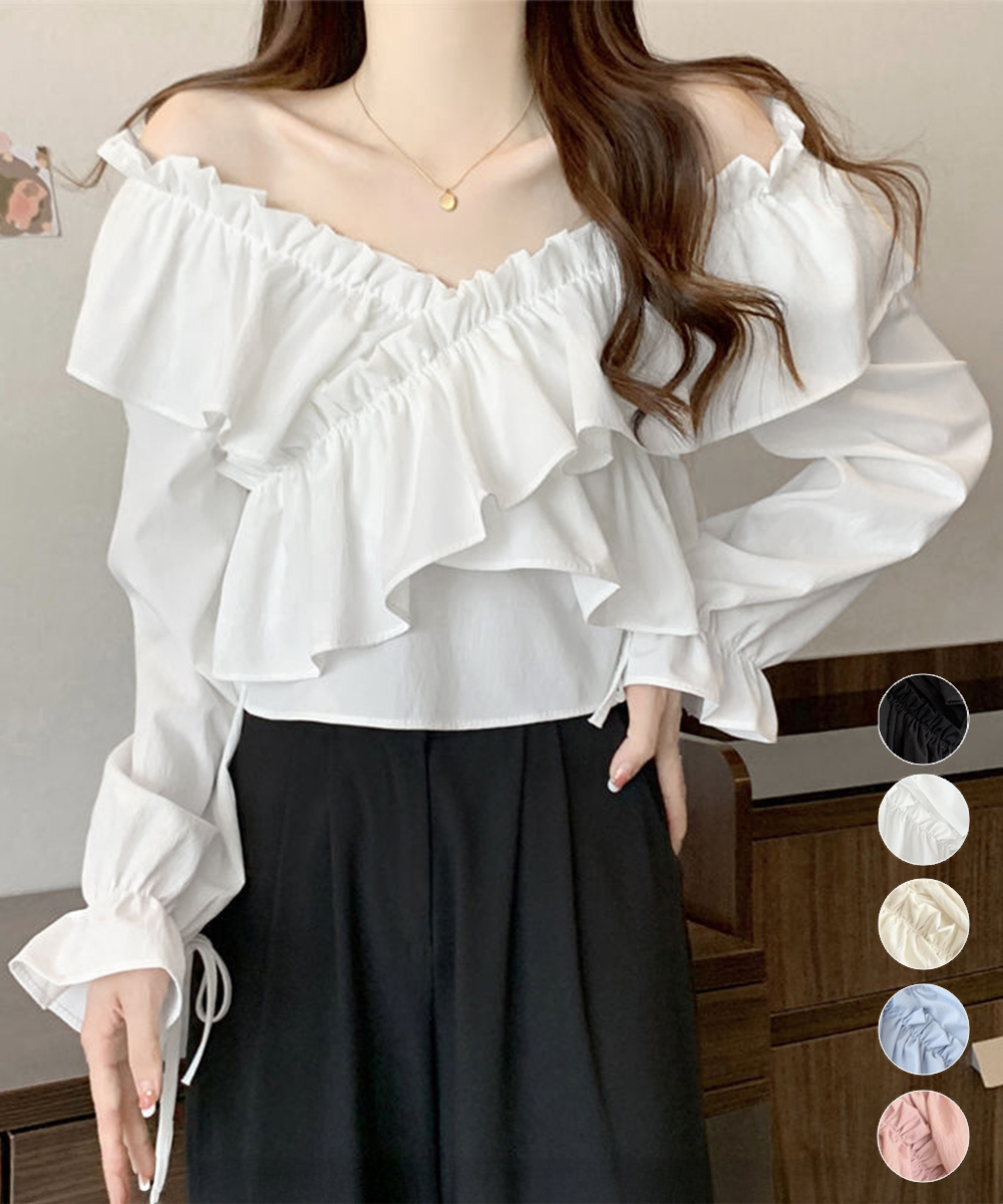 大人かわいい服 華やかフリル 二way長袖トップス オフショルブラウス
