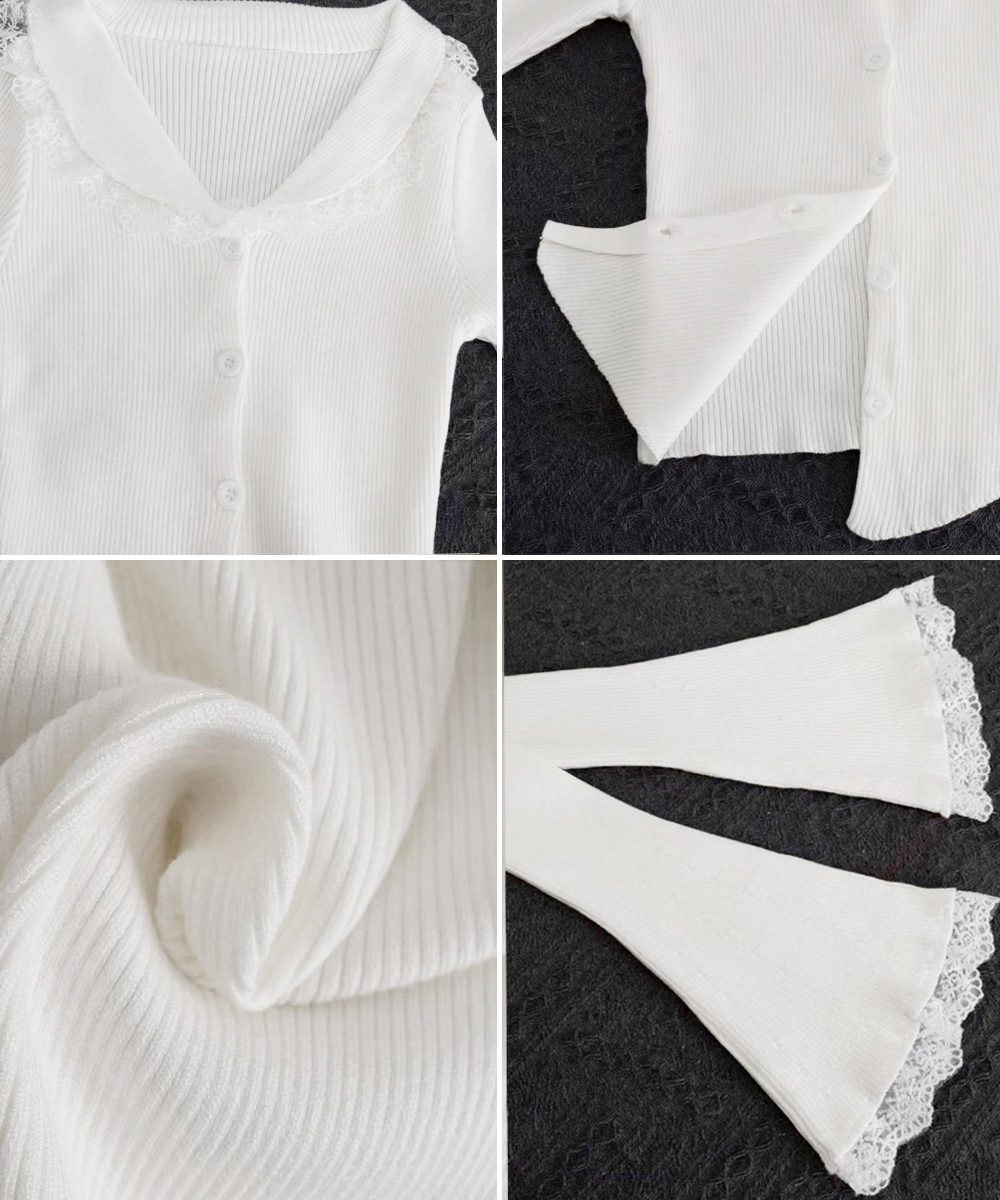 大人かわいい服 レース襟付き前開きリブニットカーディガン