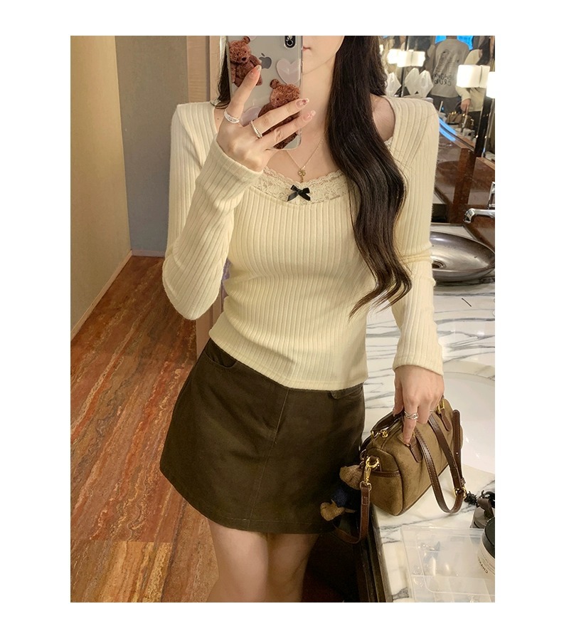大人かわいい服 レースリボン付きリブニット長袖トップス