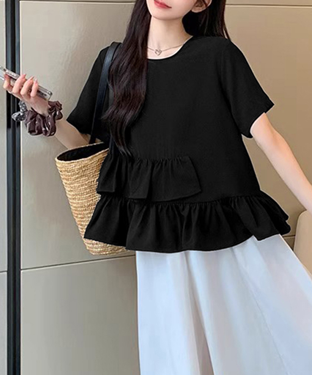 大人かわいい服 アシンメトリーフリル切替トップス