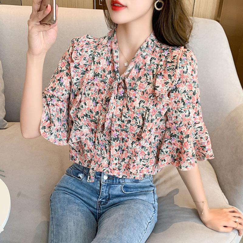 大人かわいい服 花柄リボンタイ七分袖ブラウス