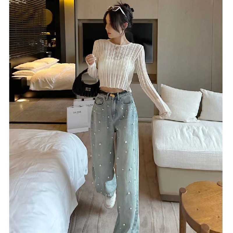 大人かわいい服 パール装飾デニムワイドパンツ