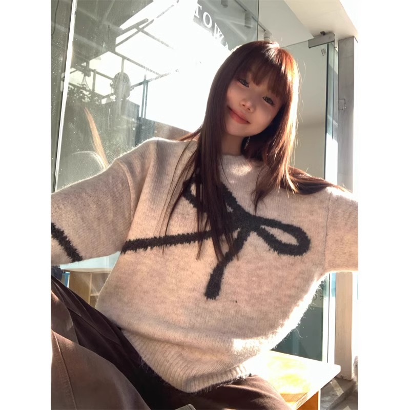 大人かわいい服 リボンデザインモヘア混ゆったりニットセーター