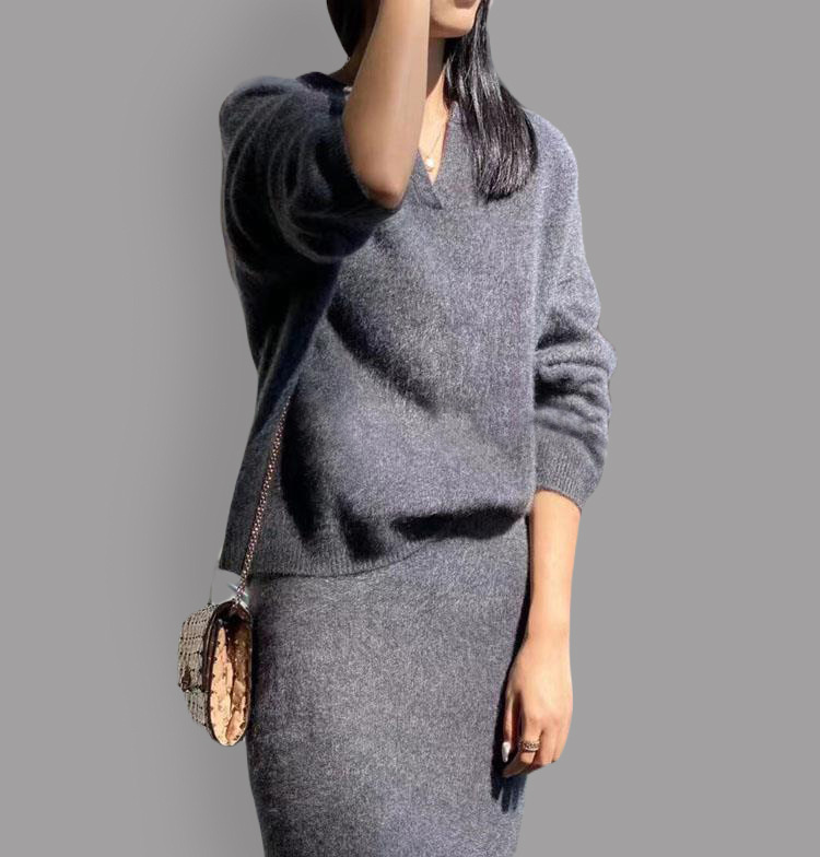 大人かわいい服 上品なブイネックニットセットアップ体型カバー長袖二点セット