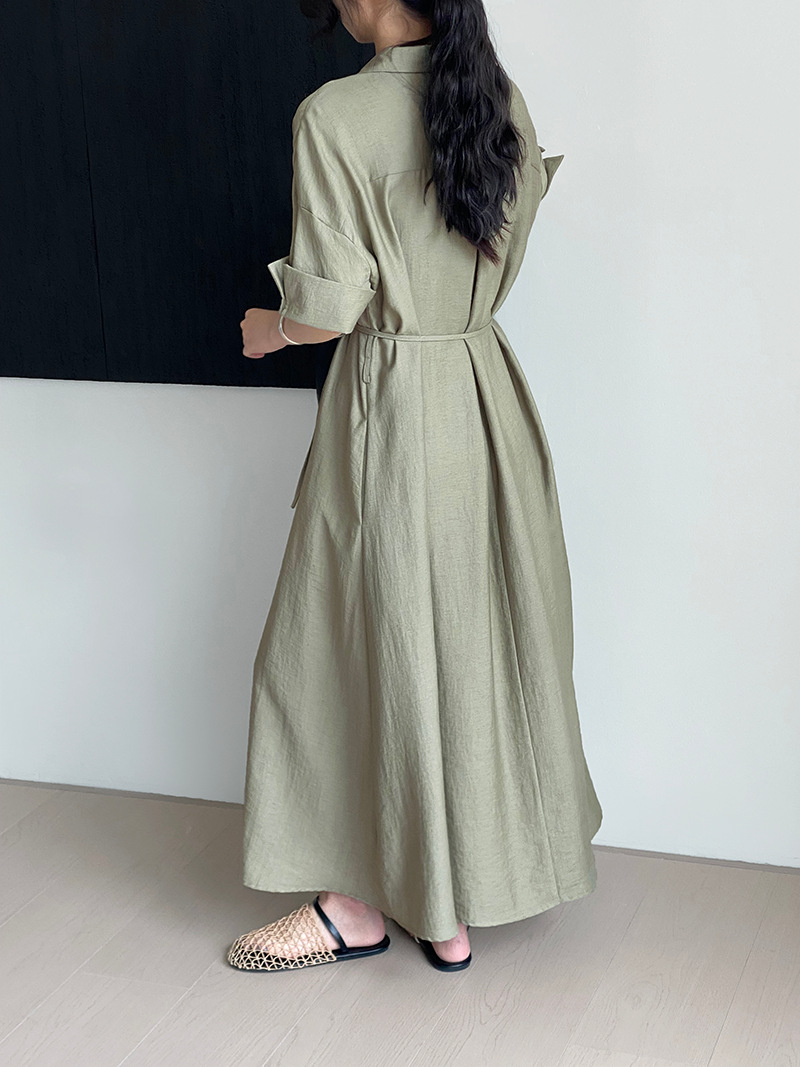 大人かわいい服 麻風合いシャツ襟ロングワンピース