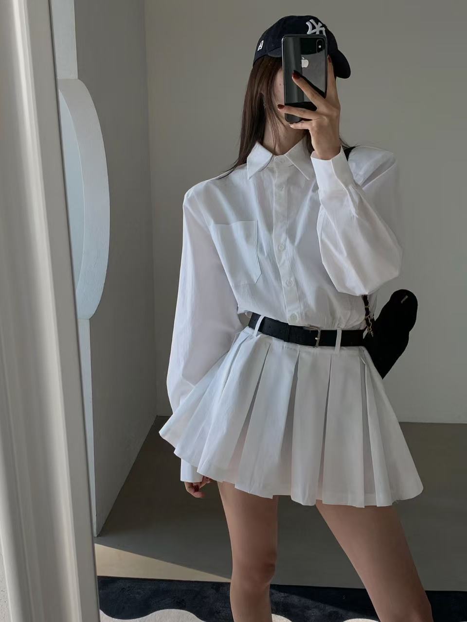 大人かわいい服 ストライプ柄シャツ襟ミニ丈ワンピース