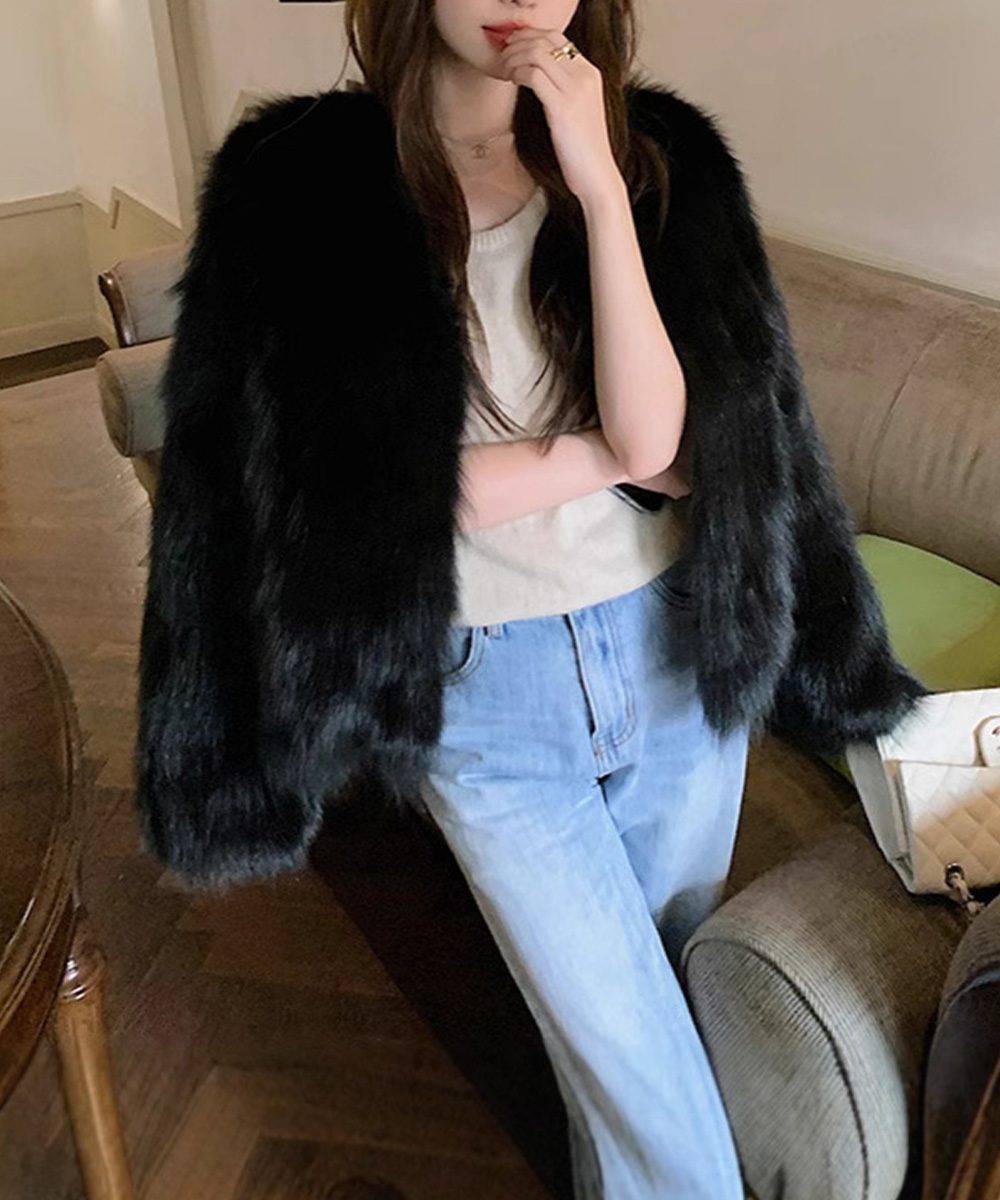 大人かわいい服 韓国風ノーカラーもこもこファージャケット