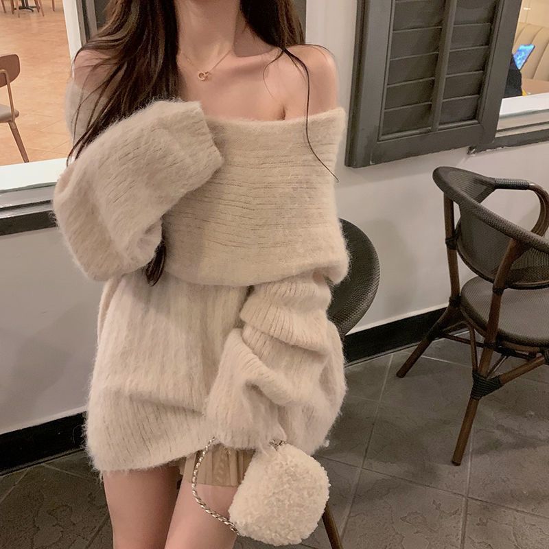 大人かわいい服 ふわもこオフショルダーニットワンピース