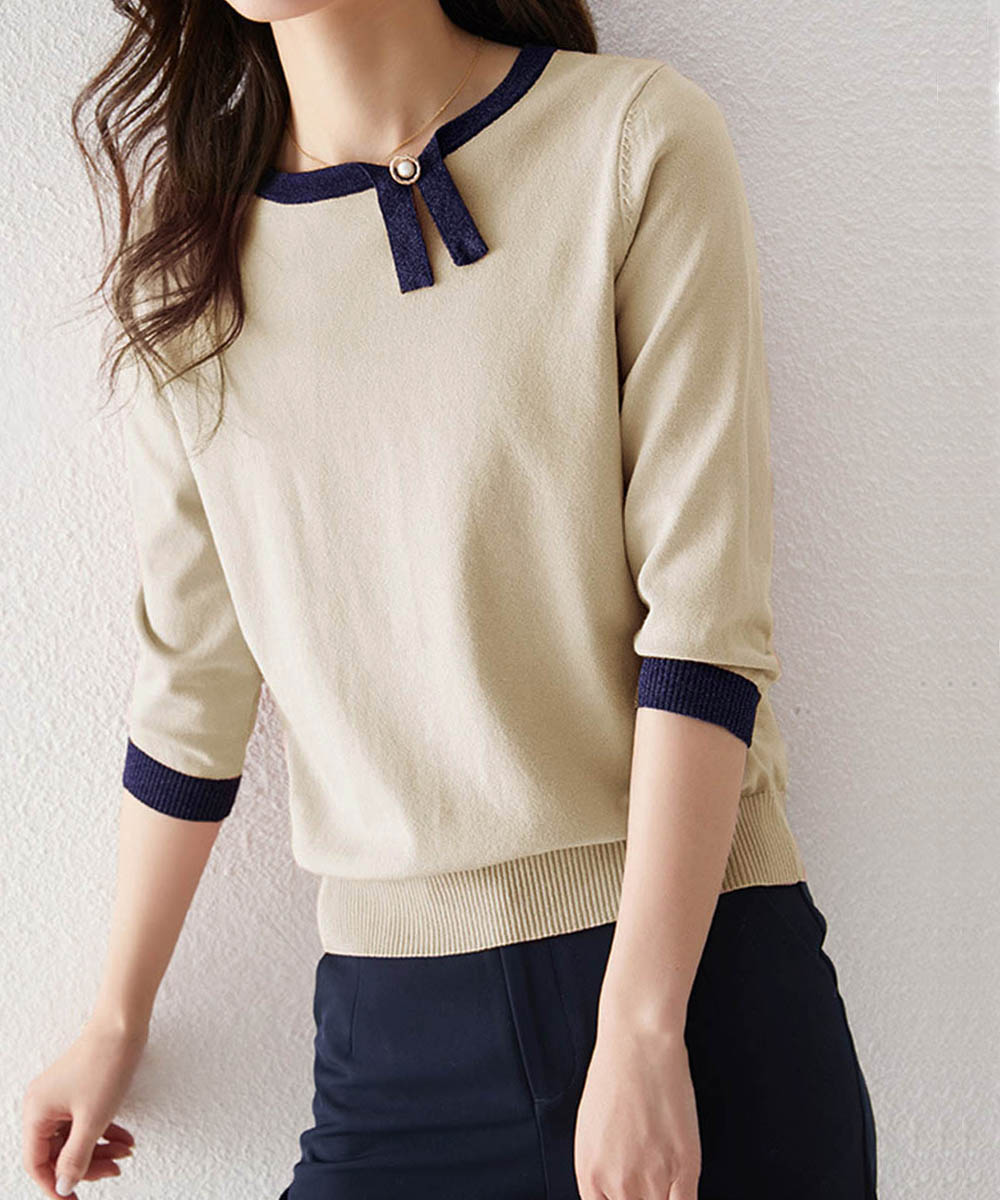 大人かわいい服 レディース七分袖配色リボンニットトップス