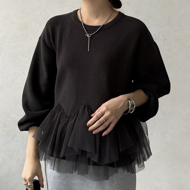 大人かわいい服 裾チュールフリル切替ニットプルオーバー