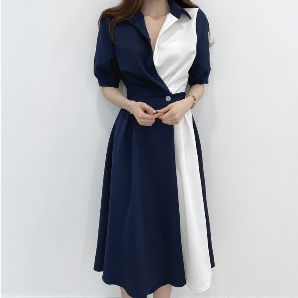 大人かわいい服 バイカラーシャツワンピース ミモレ丈 大人スタイル