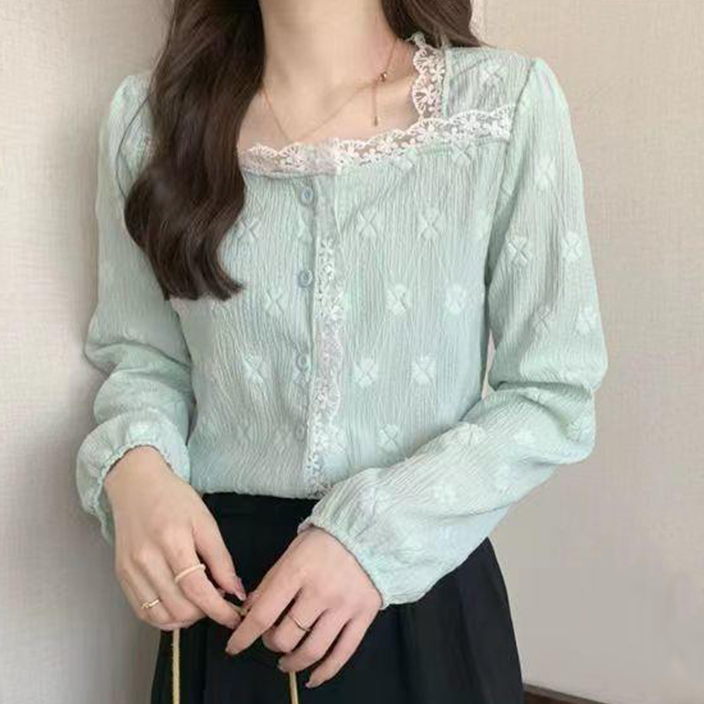 大人かわいい服 レース縁取り スクエアネック シャツブラウス