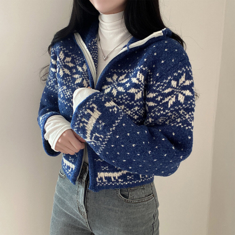 大人かわいい服 ノルディック柄ジップアップニットアウター