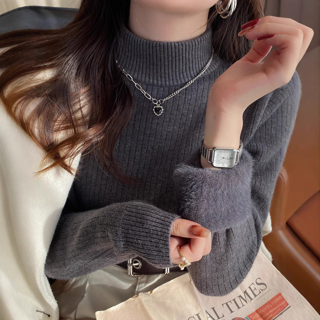 大人かわいい服 裏起毛リブ編みハイネックニットトップス