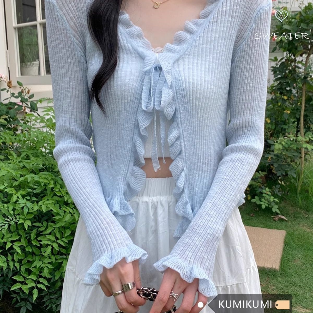 大人かわいい服 フリル編みリボン結びショート丈ニットカーディガン