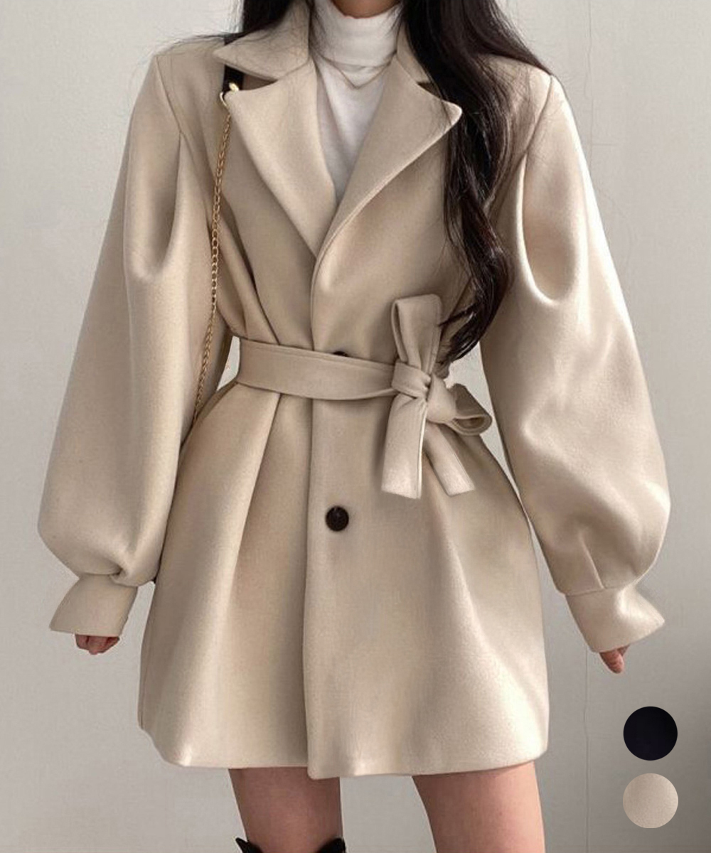 大人かわいい服 ぽわん袖ウエストベルト付きミドル丈チェスターコート 