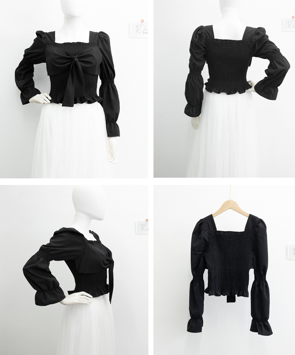 大人かわいい服 スクエアネック リボン付き シャーリングブラウス ショート丈
