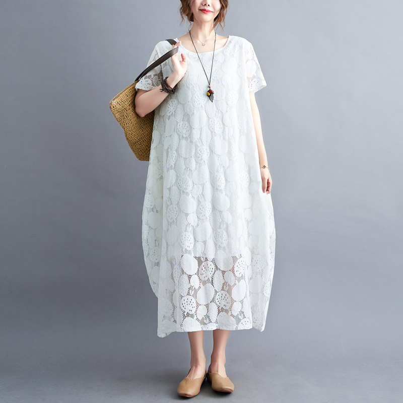 大人かわいい服 花模様レース透かしゆったりワンピース