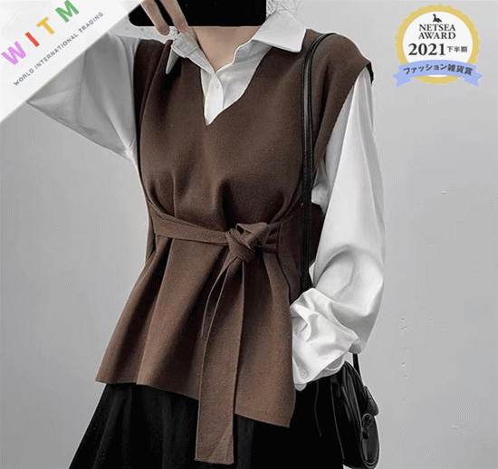 大人かわいい服 秋冬新作ウエストリボンニットベスト上品レディース