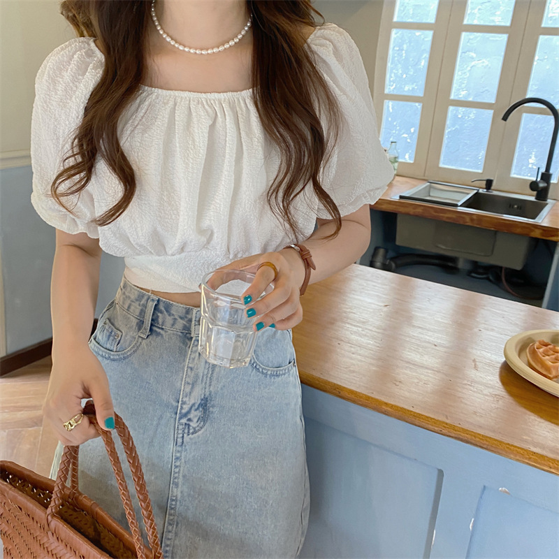 大人かわいい服 ふんわり姫袖ショートブラウス
