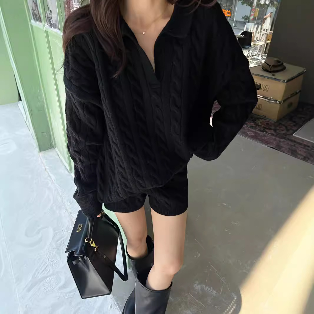 大人かわいい服 立体ケーブル編みニットトップス短パンツセットアップ