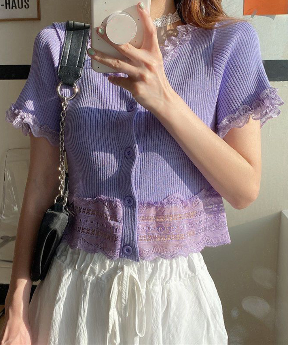 大人かわいい服 レース付きフリルショートカーディガン トップス