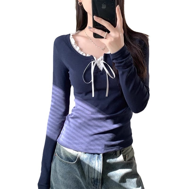 大人かわいい服 フリル襟リボン結び長袖カットソー