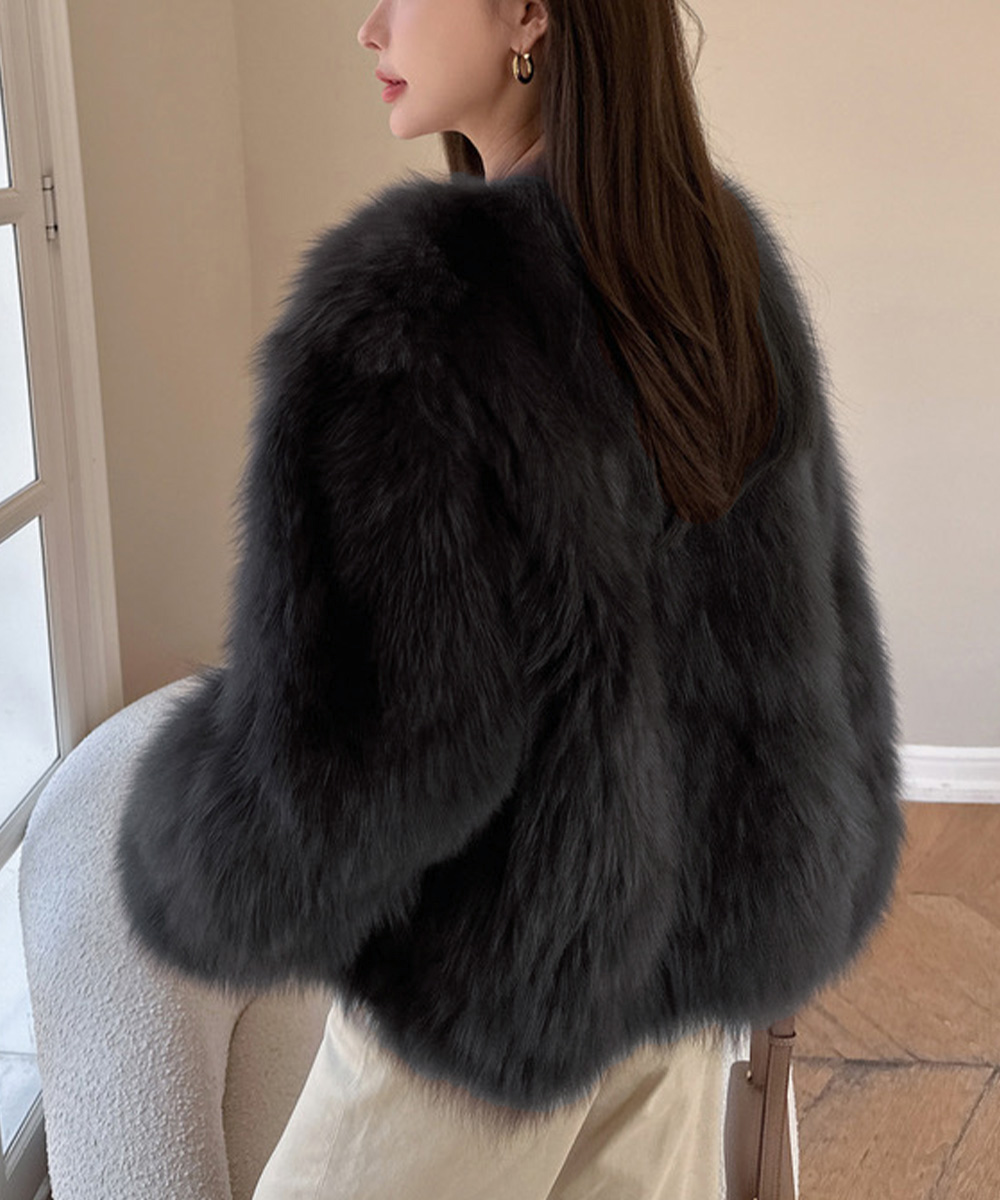 大人かわいい服 韓国風ノーカラーもこもこファージャケット