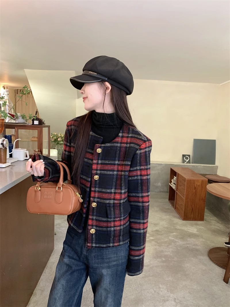 大人かわいい服 クラシックチェック柄ショート丈ジャケット