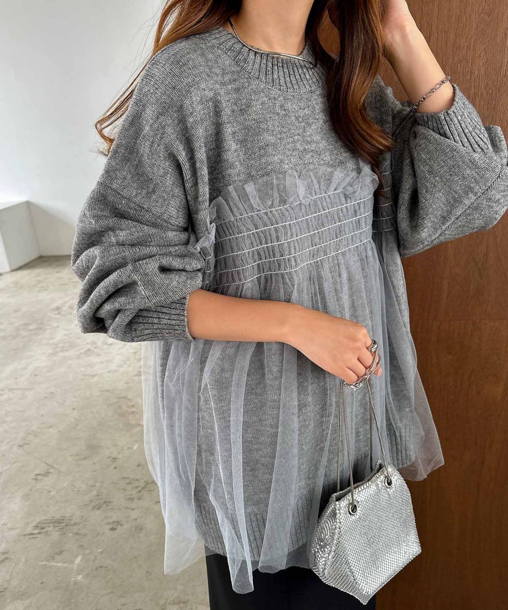 大人かわいい服 シアーチュール切替ニットプルオーバー