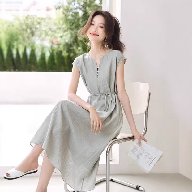 大人かわいい服 優美な風合い 麻調リラックスワンピース