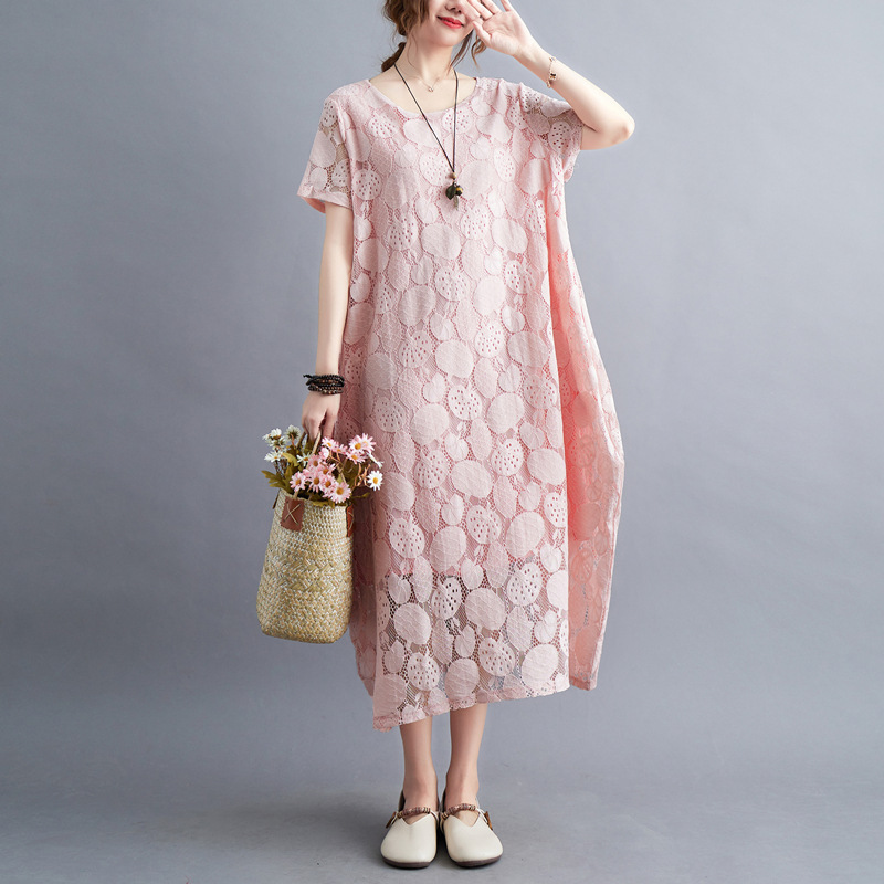 大人かわいい服 花模様レース透かしゆったりワンピース