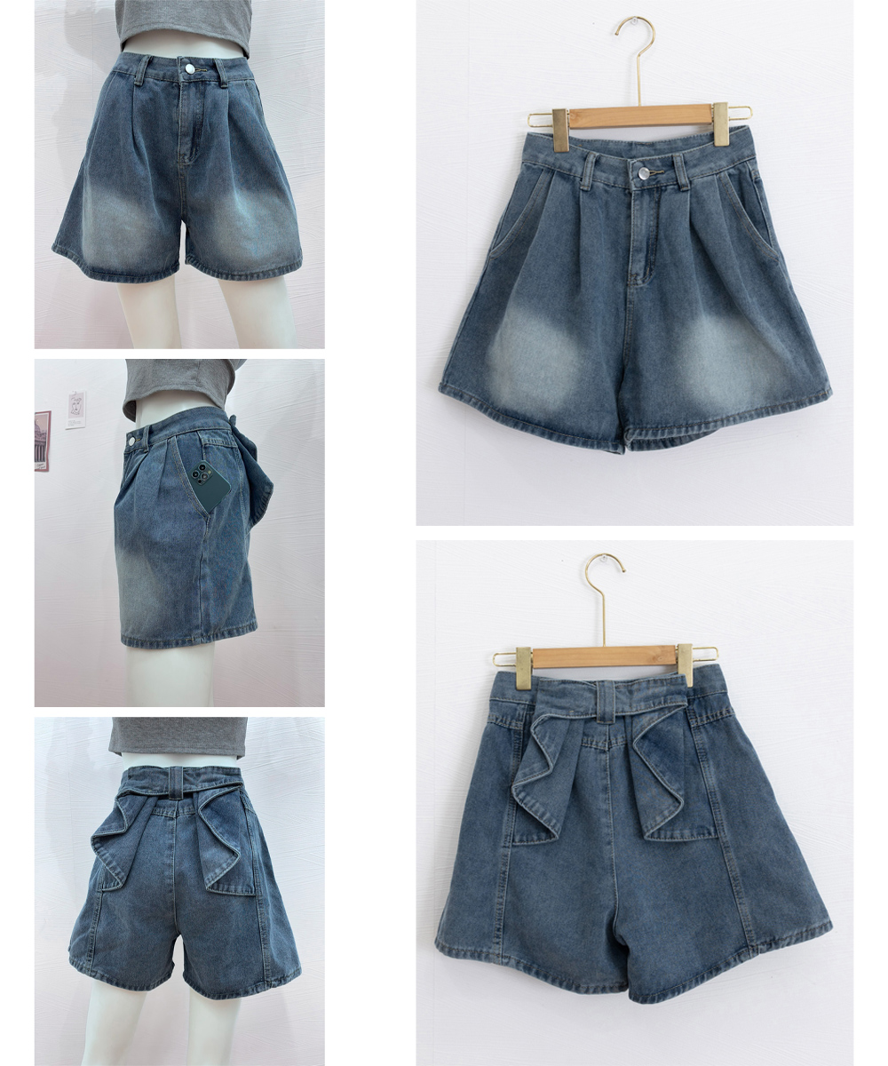 大人かわいい服 バックリボン美脚デニムショートパンツ