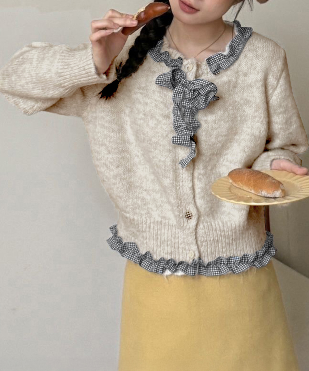 大人かわいい服 格子柄リボン付きフリルニットカーディガン