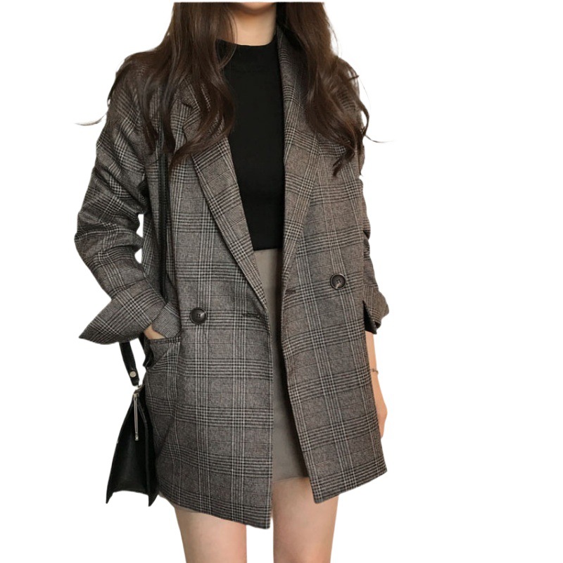 大人かわいい服 グレンチェック柄ダブルボタンロング丈テーラードジャケット