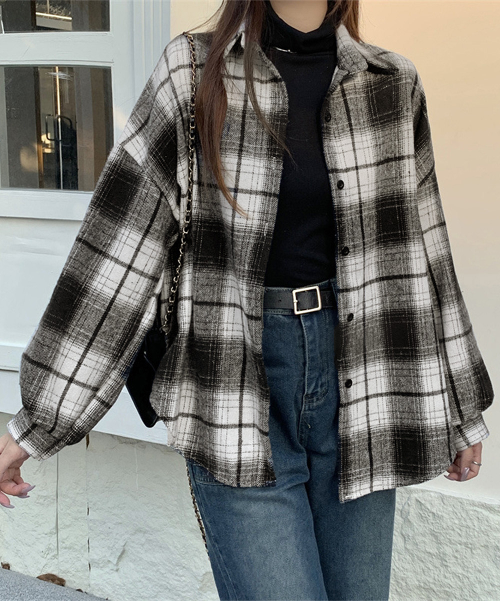 大人かわいい服 起毛チェックシャツ ゆったりネルシャツジャケット