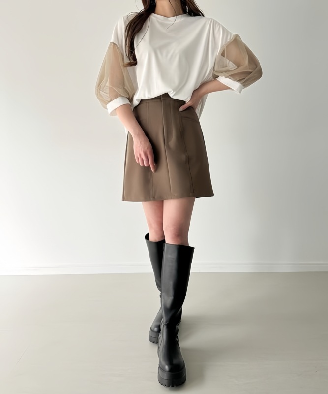 大人かわいい服 シアーチュールバルーン袖カットソー