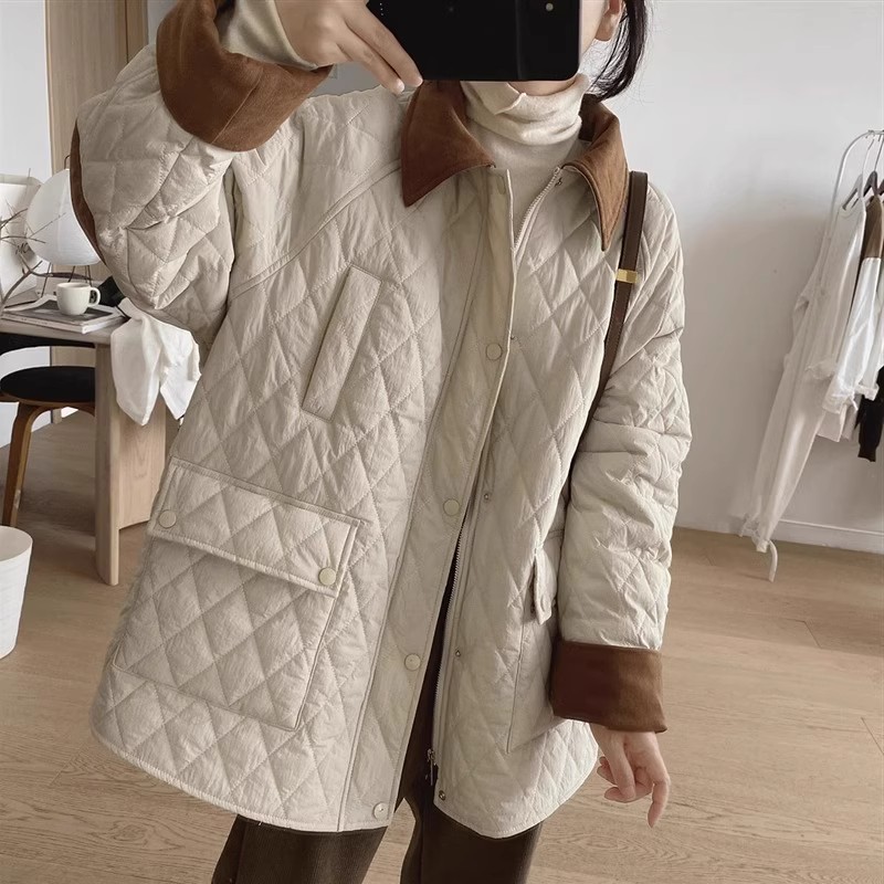 大人かわいい服 配色襟デザインキルティング中綿ジャケット